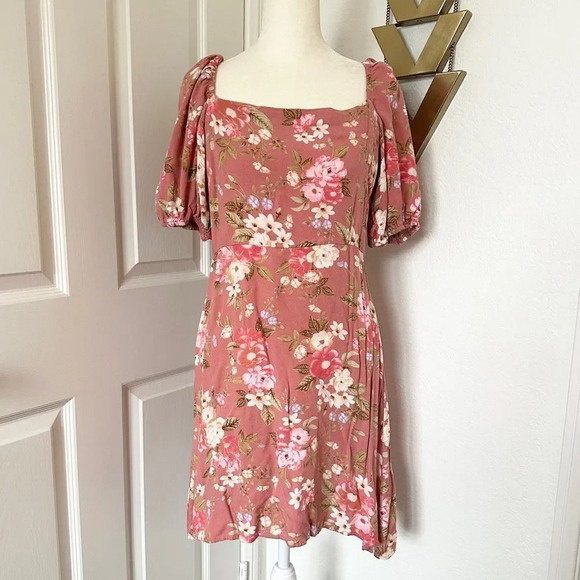 Paper Heart Pink Floral Puff Sleeve Off the Shoulder Mini Dress - Picture 1 of 11